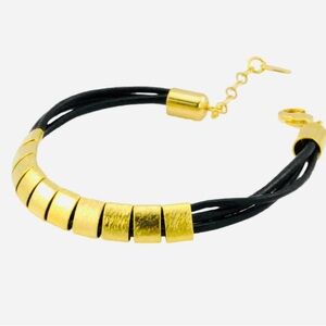 SAI BRAZIL Multi strands Black Leather 18k Gold plated Choker w/extender